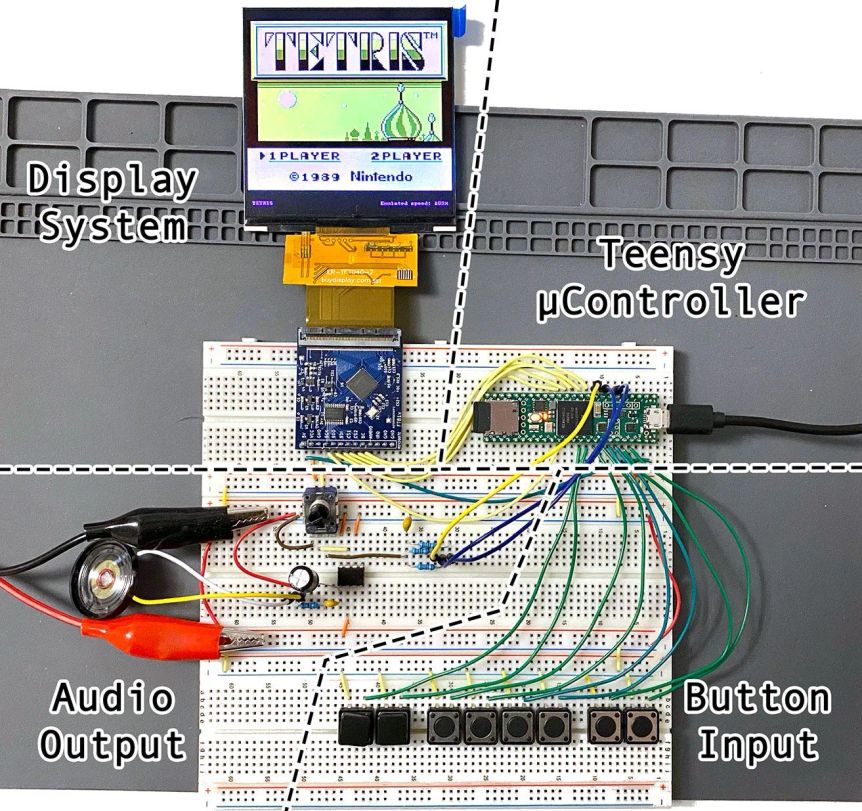 Breadboard Gameboy with display system, Teensy microcontroller, audio output and button input