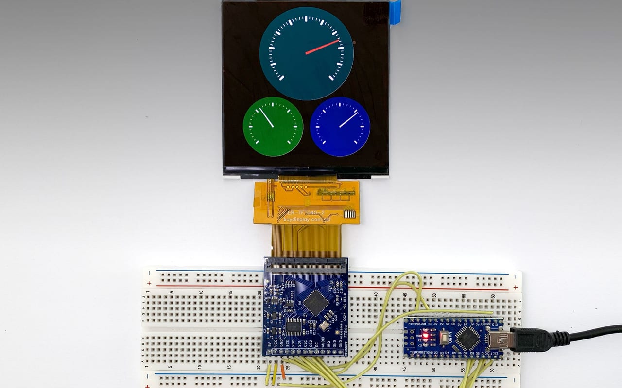 The FT81x display module on a breadboard, showing three gauges