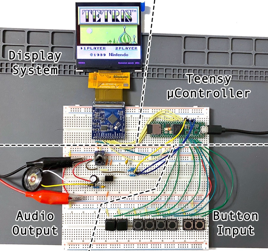 Breadboard prototype showing Tetris on a display, with the Teensy, audio output and button input wired up