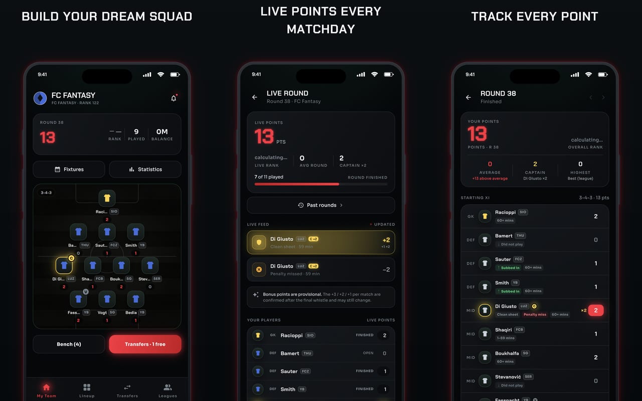 Three App Store screenshots of Matchday Manager with demo data: the squad on the pitch, live points, and the points per player