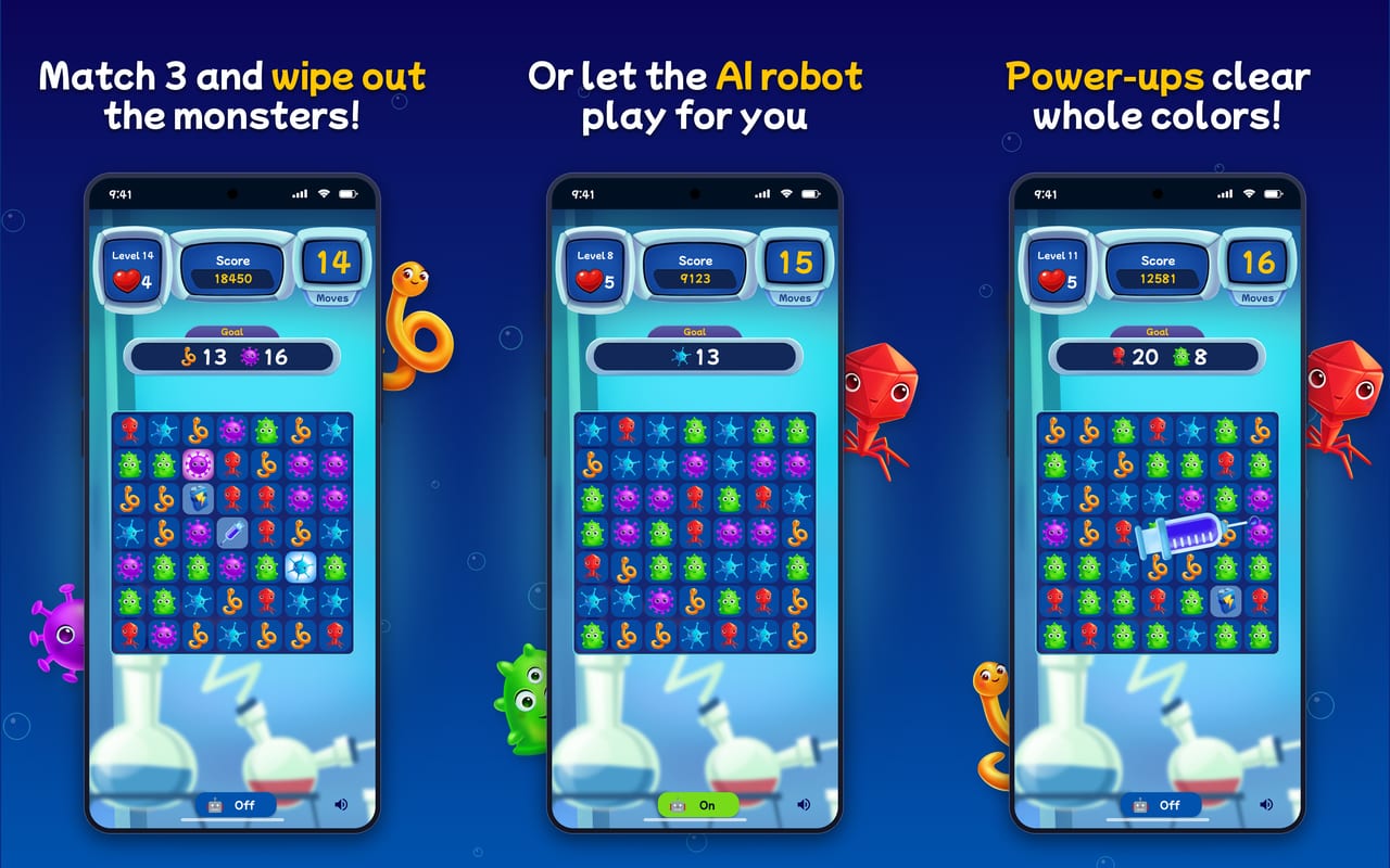 Three Google Play screenshots of Monster Wipe: normal play, the AI robot playing, and a power-up clearing a colour