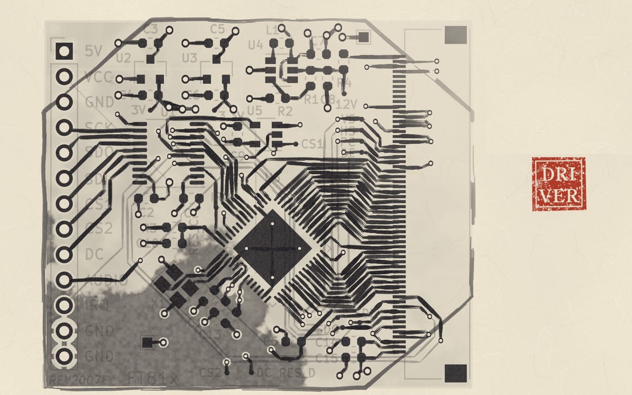 The FT81x driver board rendered by mycircuit.art in the Ink wash style